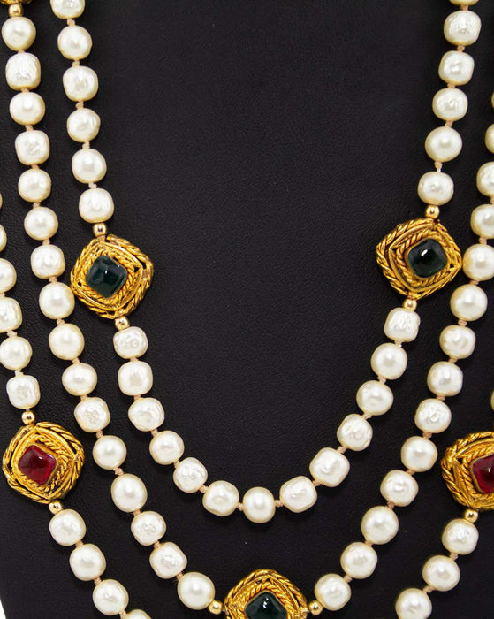 Triple Stand 1984 Pearl Necklace with Gripoix Jewels