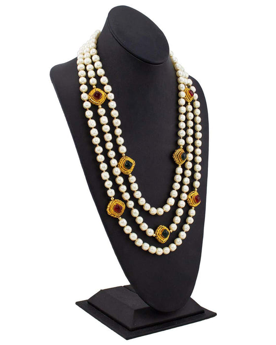 Triple Stand 1984 Pearl Necklace with Gripoix Jewels