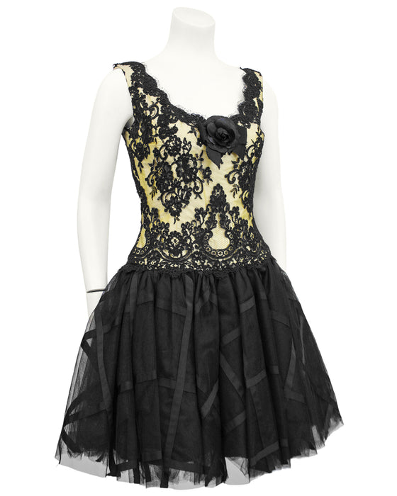 Yellow and Black Lace & Tulle Cocktail Dress