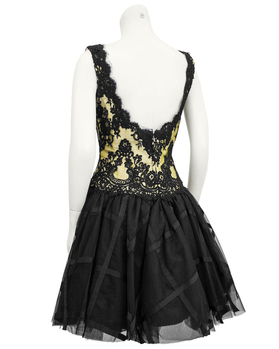 Yellow and Black Lace & Tulle Cocktail Dress