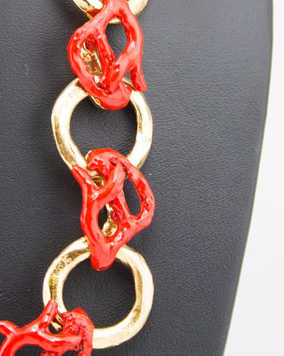 Red Enamel & Gold Coral Necklace