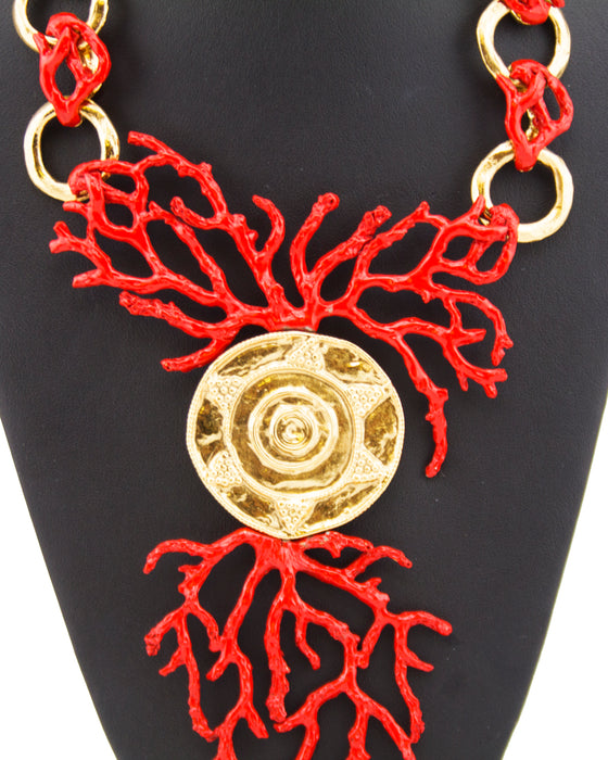 Red Enamel & Gold Coral Necklace