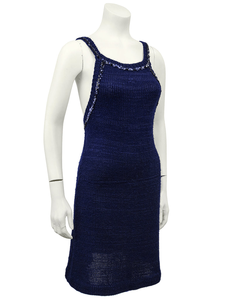 Navy Blue Knit Halter Dress with Sequin Trim – Vintage Couture
