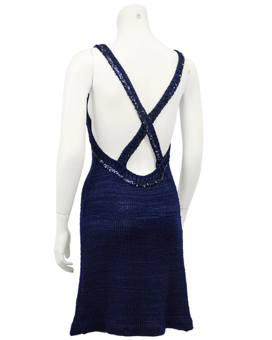 Navy Blue Knit Halter Dress with Sequin Trim