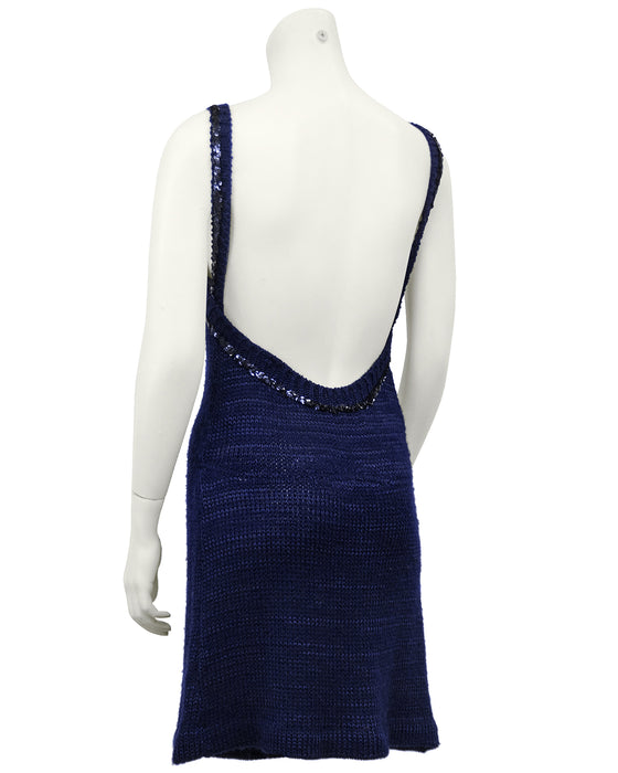 Navy Blue Knit Halter Dress with Sequin Trim