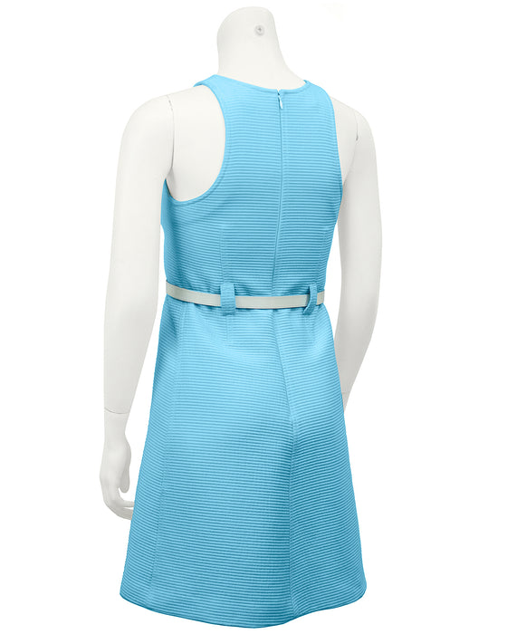 Blue Cotton Ribbed Day Dress with White Belt