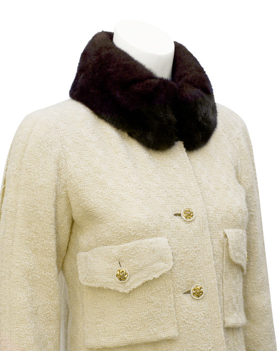Cream Couture Boucle Coat with Mink Collar