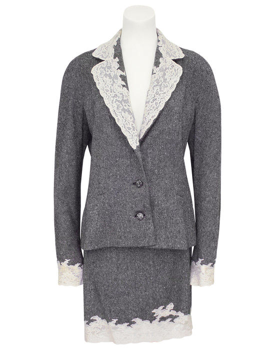 Grey Fall/Winter 1998 Wool Tweed Skirt Suit with Cream Lace