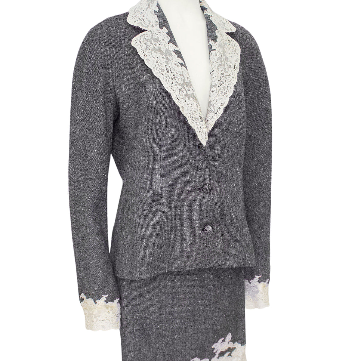 Grey Fall/Winter 1998 Wool Tweed Skirt Suit with Cream Lace