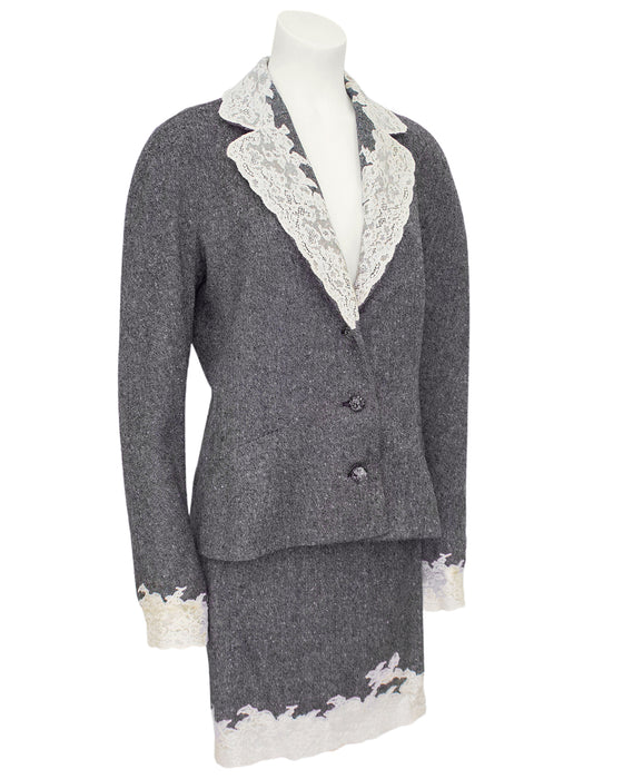 Grey Fall/Winter 1998 Wool Tweed Skirt Suit with Cream Lace