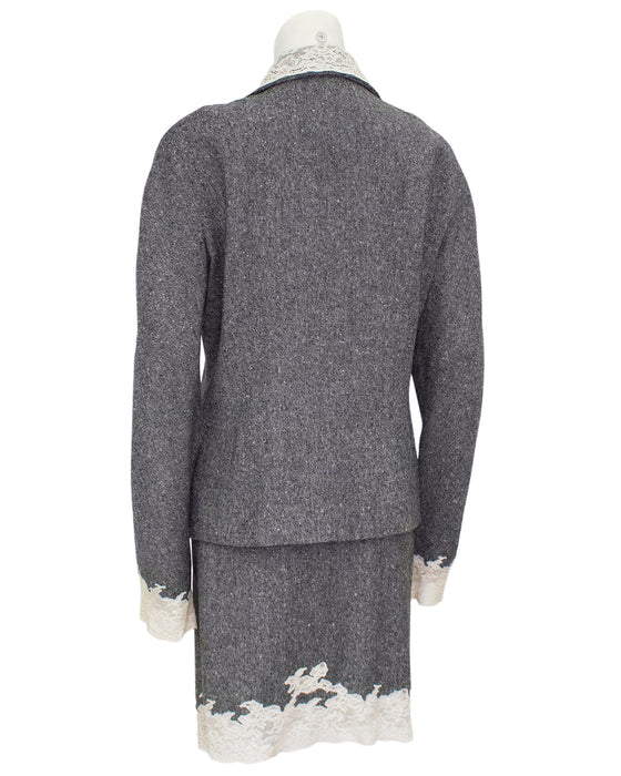 Grey Fall/Winter 1998 Wool Tweed Skirt Suit with Cream Lace