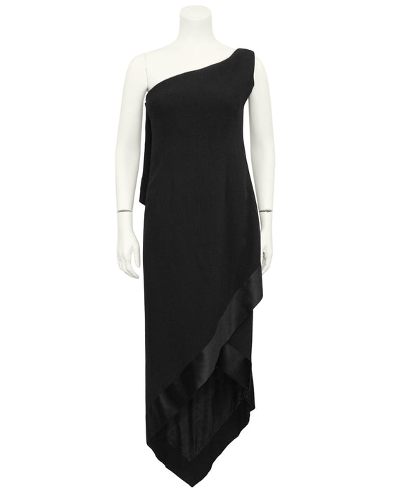 Black Wool Crepe One Shoulder Wrapped Evening Dress