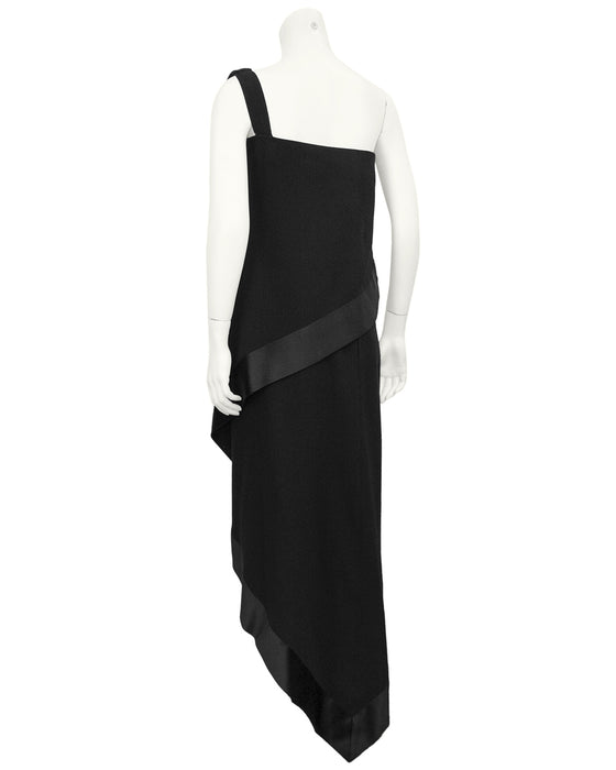 Black Wool Crepe One Shoulder Wrapped Evening Dress