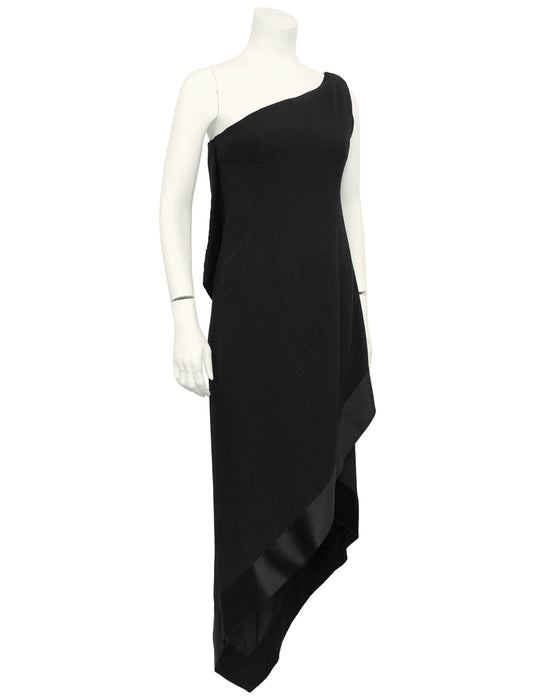 Black Wool Crepe One Shoulder Wrapped Evening Dress