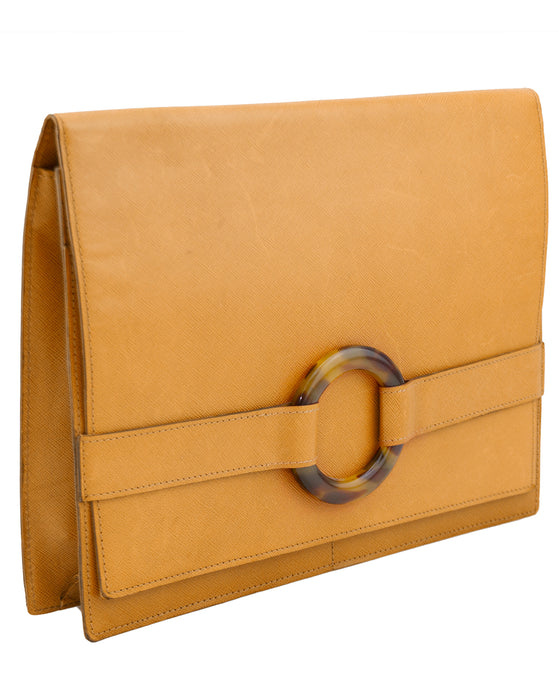 Tan Cross Hatched Leather Envelope Clutch