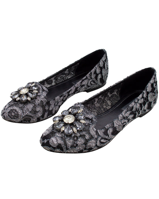 Black and Silver Vally Embellished Lace Ballet Flats
