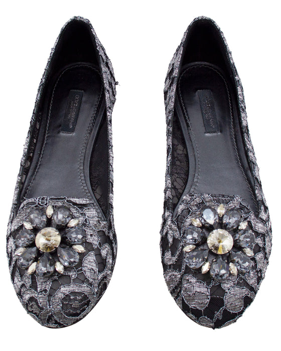 Black and Silver Vally Embellished Lace Ballet Flats