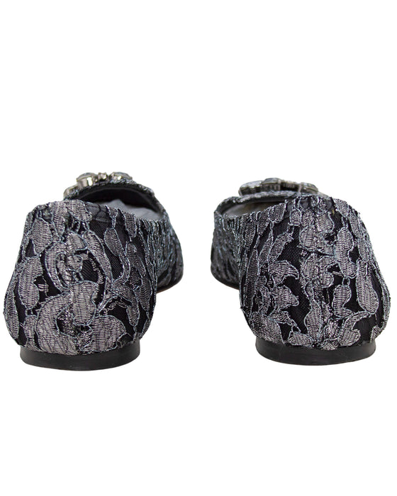 Black and Silver Vally Embellished Lace Ballet Flats