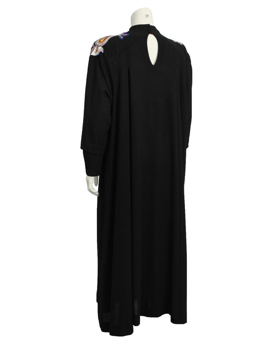 Black wool gown with paisley embroidery