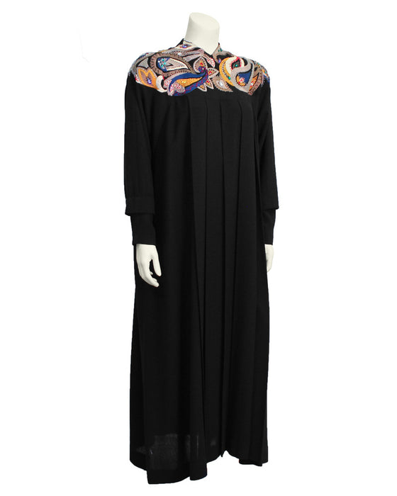 Black wool gown with paisley embroidery