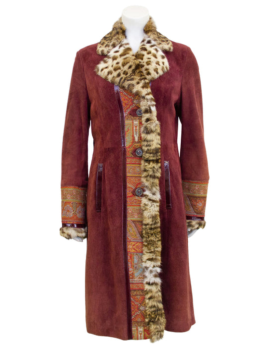 Burgundy Suede & Paisley Coat With Stencilled Fur