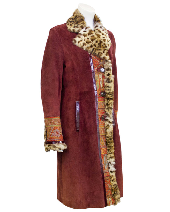 Burgundy Suede & Paisley Coat With Stencilled Fur