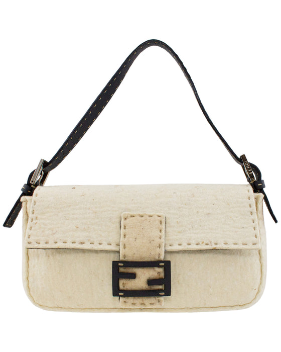 Cream Fendi Felted Wool and Brown Leather Baguette Bag