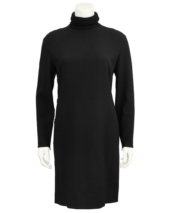 Black Turtleneck Dress with Button Detail
