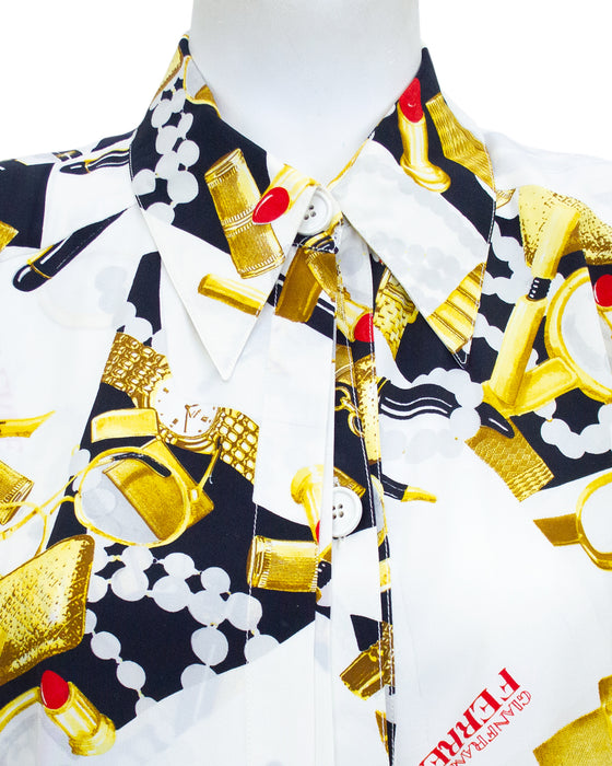 White, Black and Gold Asymmetric Silk Printed Dress