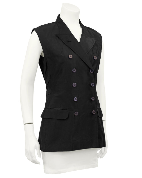 Black Silk Double Breasted Cage Back Vest