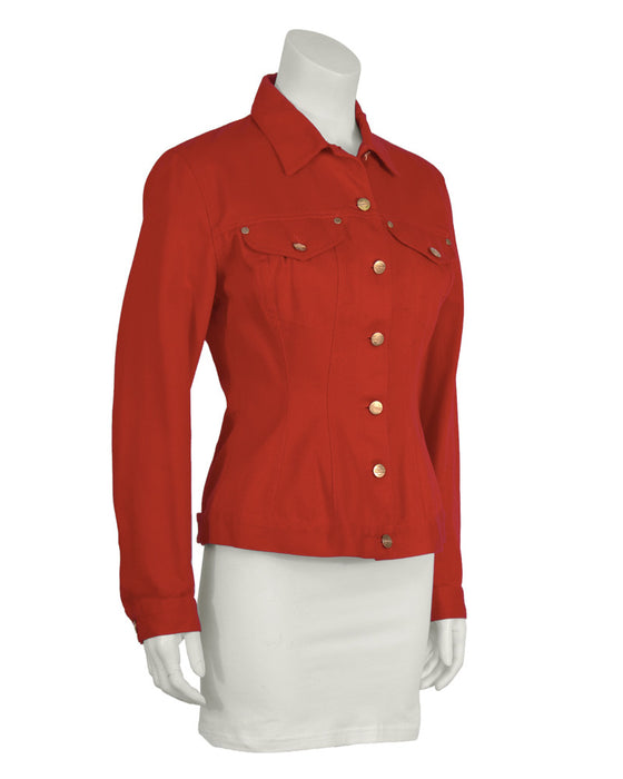 Women's Red Puffer Jacket, White Lace Turtleneck, Blue Denim Mini Skirt,  Gold Sequin Pumps | Lookastic