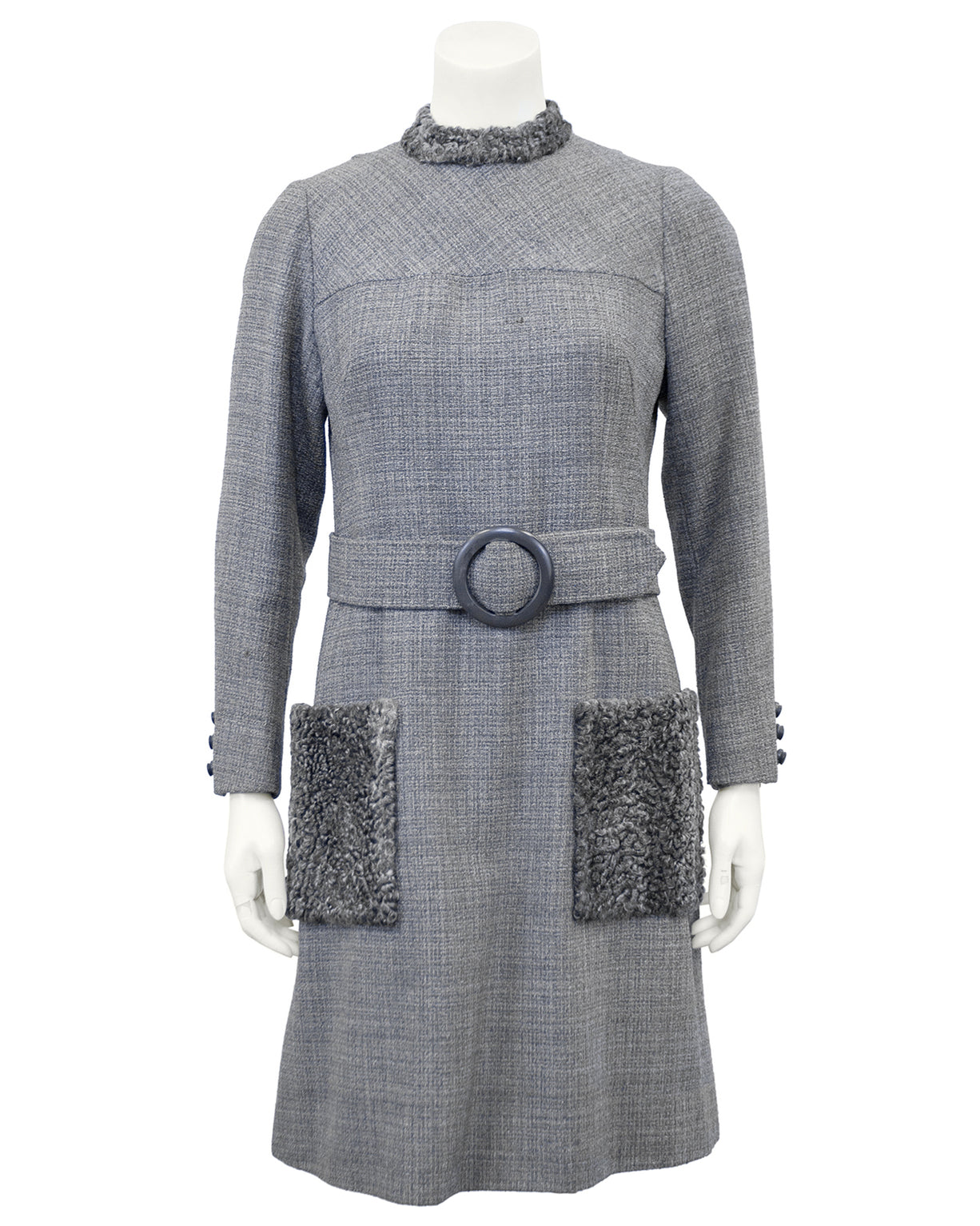 Grey Wool Weave Shift Dress with Persian Lamb Details – Vintage Couture