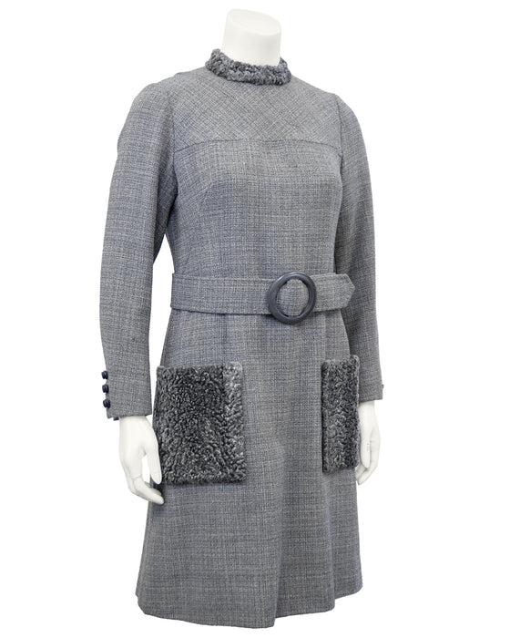 Grey Wool Weave Shift Dress with Persian Lamb Details