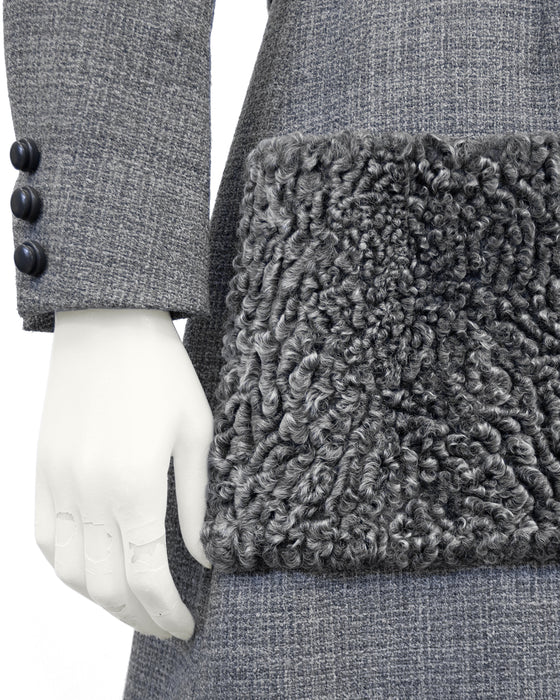 Grey Wool Weave Shift Dress with Persian Lamb Details