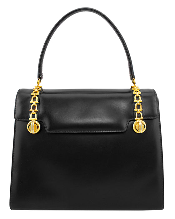 Black Calf Leather Top Handle Bag with Gold Horse Bit Details