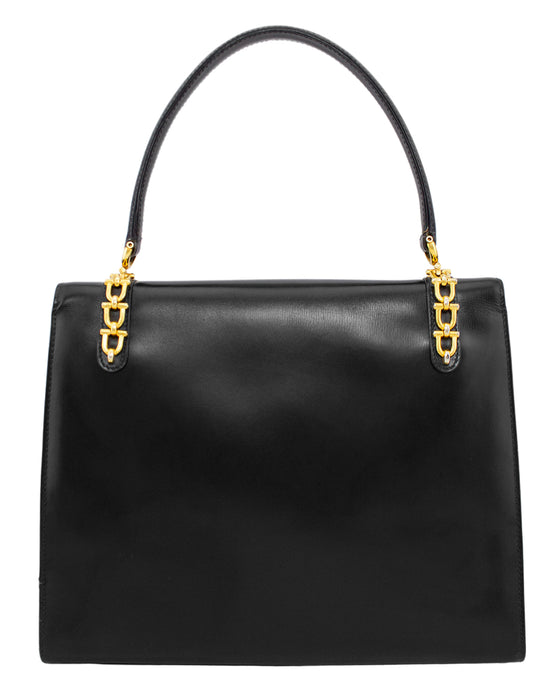 Black Calf Leather Top Handle Bag with Gold Horse Bit Details