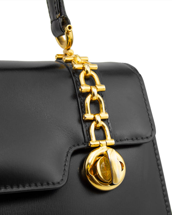 Black Calf Leather Top Handle Bag with Gold Horse Bit Details