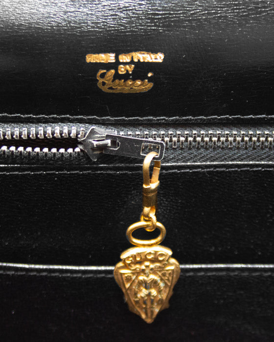 Black Calf Leather Top Handle Bag with Gold Horse Bit Details