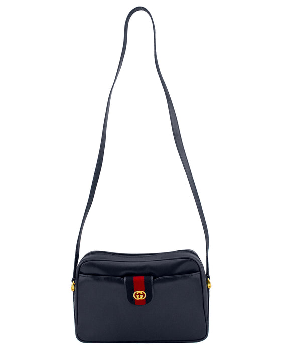 Navy Leather with Red and Navy Webbing Shoulder Bag