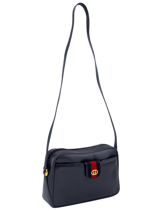 Navy Leather with Red and Navy Webbing Shoulder Bag