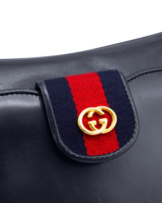 Navy Leather with Red and Navy Webbing Shoulder Bag