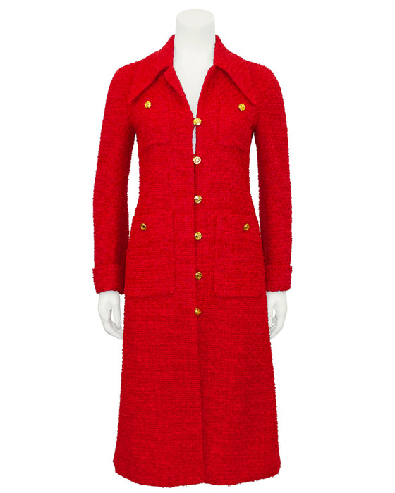 Red Tweed Long Jacket with Gold Buttons