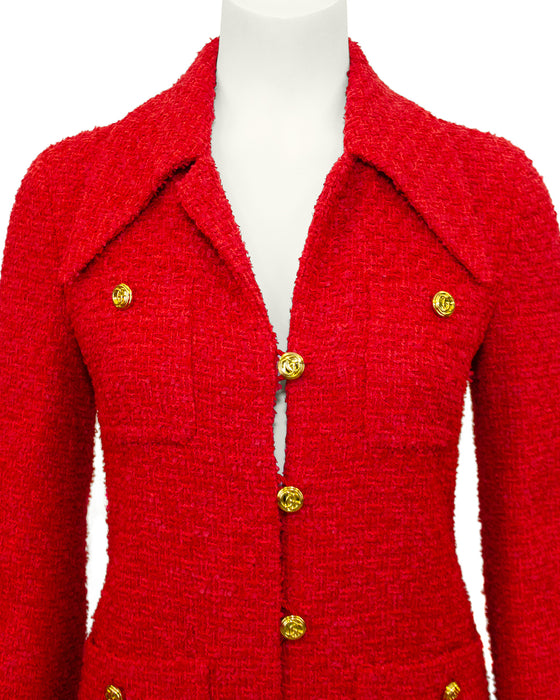 Red Tweed Long Jacket with Gold Buttons