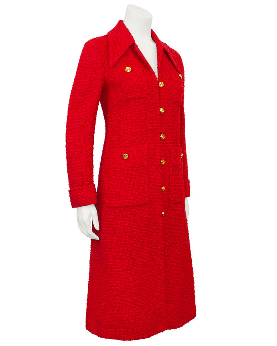 Red Tweed Long Jacket with Gold Buttons