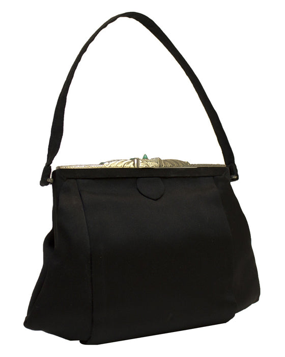 Black Satin Evening Bag with Metal and Rhinestone Frame