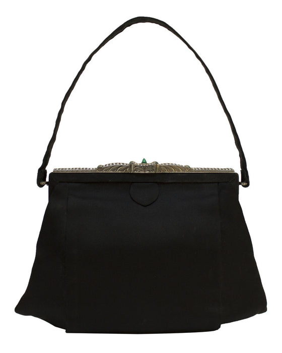 Black Satin Evening Bag with Metal and Rhinestone Frame