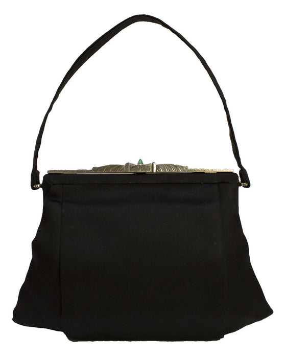 Black Satin Evening Bag with Metal and Rhinestone Frame