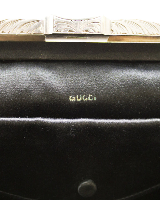 Black Satin Evening Bag with Metal and Rhinestone Frame