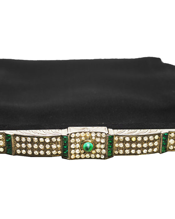 Black Satin Evening Bag with Metal and Rhinestone Frame