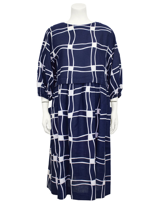 Navy Blue and White Cotton Dress